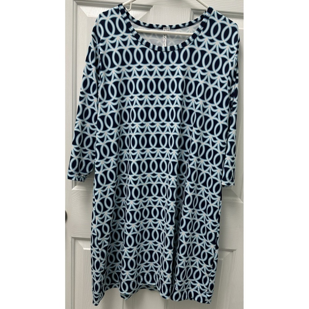 Lulu B Dress Blue White Shift Dress 1X Geometric Pattern